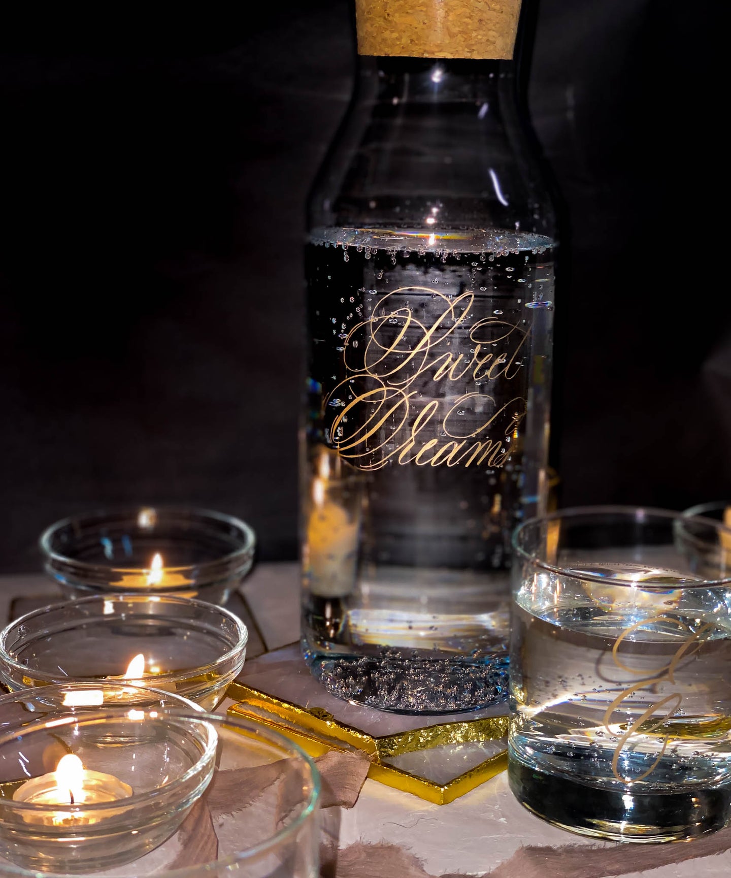 Bedside engraved carafe with drinking glass